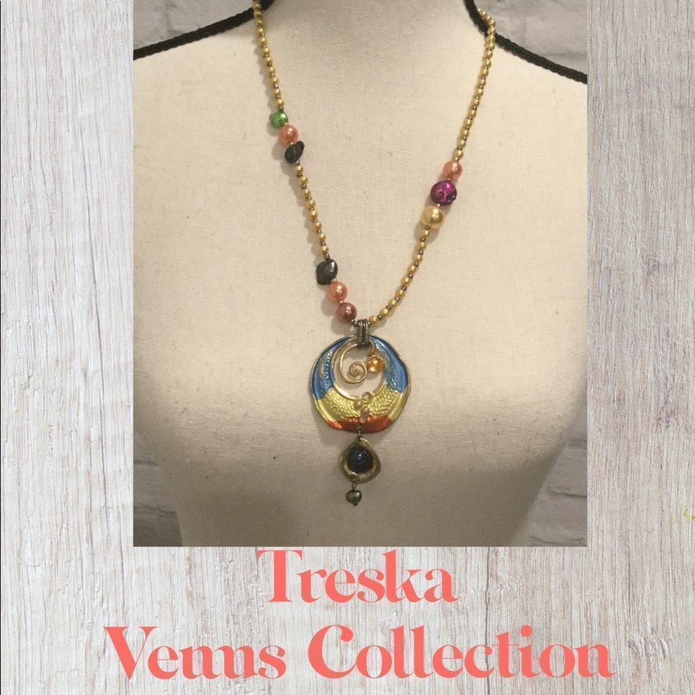 NWT, Treska Venus, Long Boho Necklace w/Pearls, Cast Metals & Chains - Picture 2 of 5